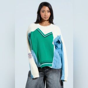 Size XL Colorblock Cable Knit Sweater with Denim Accents